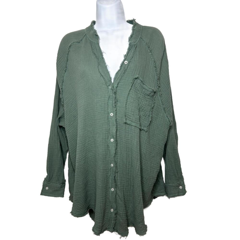 Aerie Women's Sz M Green/Teal Gauzy Beach Cover Blouse Oversized Shirt(1981)